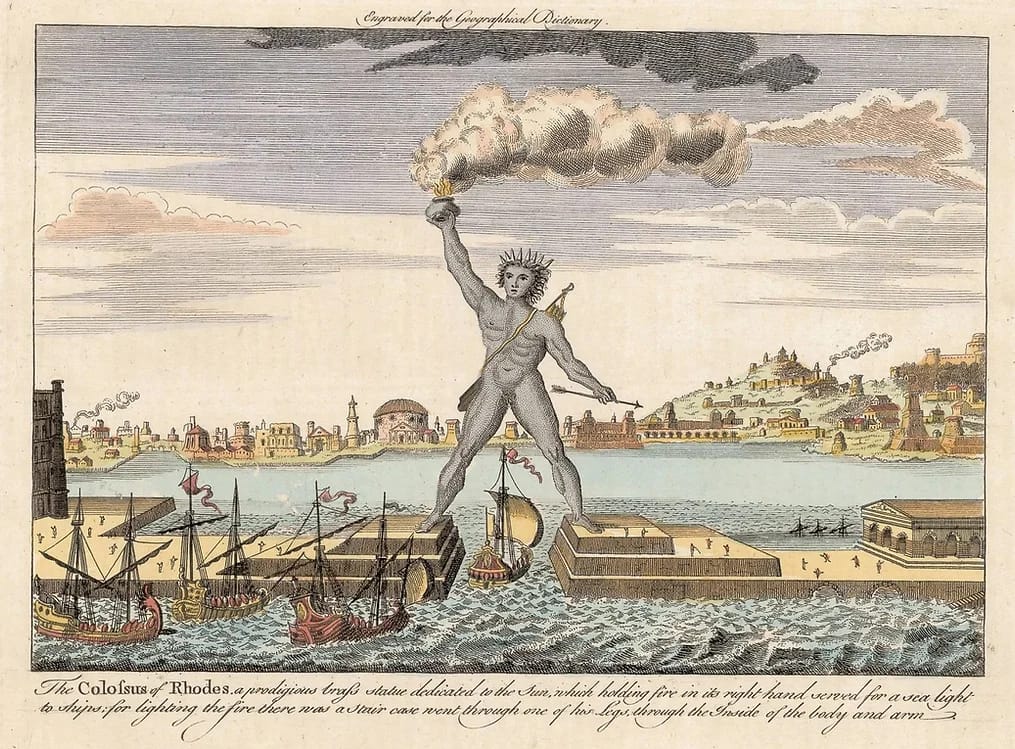 Lithography showing the ancient Greek Rhodes Colossus statue at the entrance of the city port