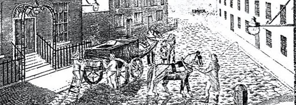 Lithograph of a horsedrawn cart on a paved street with people around it. 