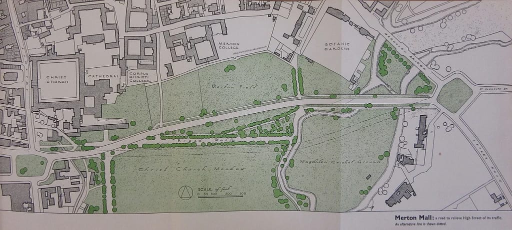 Old Map showing a green space in a city: Plan from ‘Oxford Replanned’ showing the proposed new road linking the plain to the square by Christ Church.