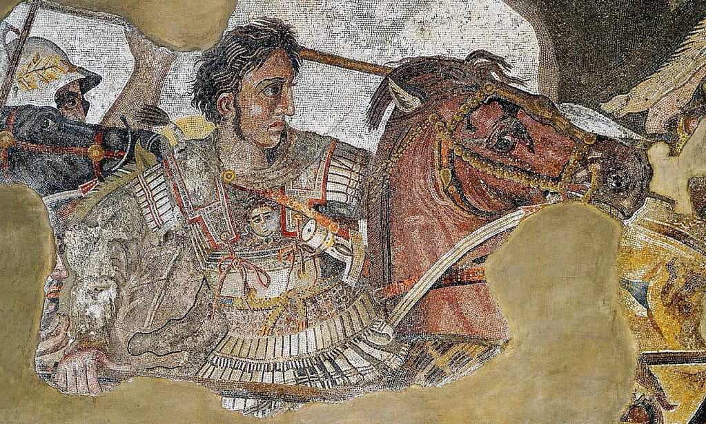Mosaic image showing a man in armour on a horse.