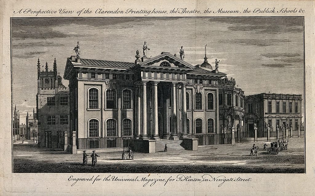 Lithograph image of an old building with columns and a neoclassical style.