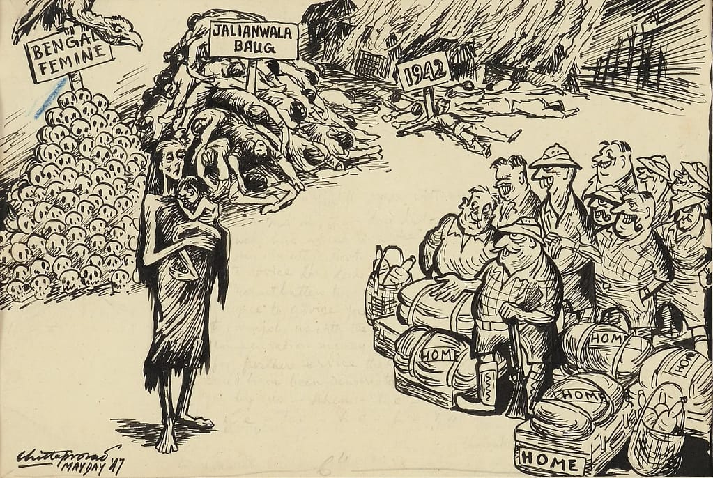 Cartoon or caricature showing men in colonial clothes grinning at piles of corpses and skulls.