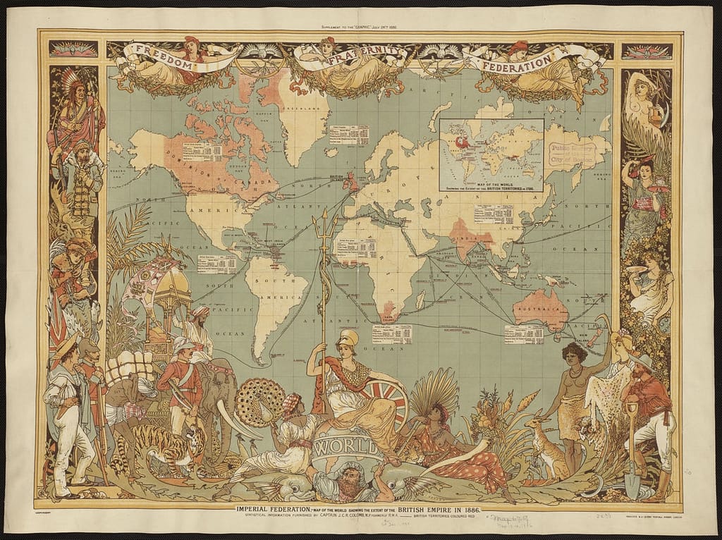 Old fashioned map of the world with illustrated decorations illustrating the colonial possessions of the British Empire.