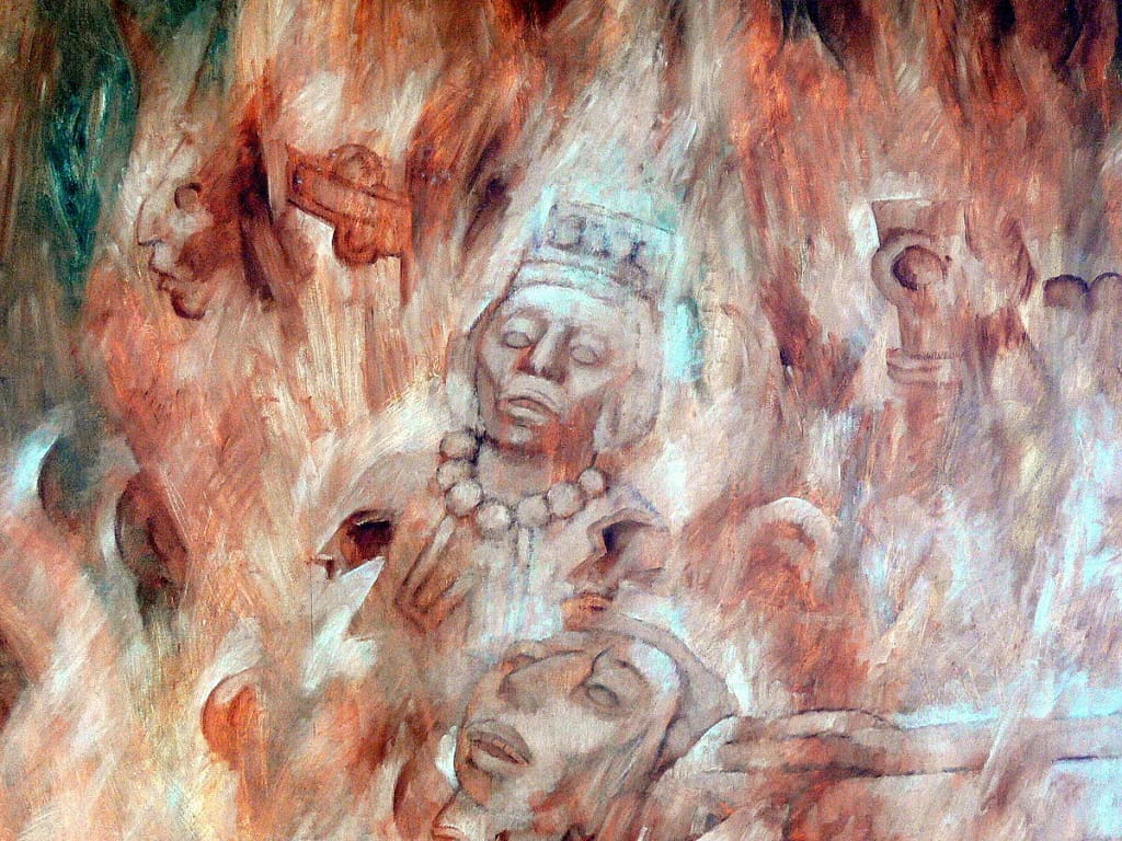 Painting or drawing of human figures in a fire. 