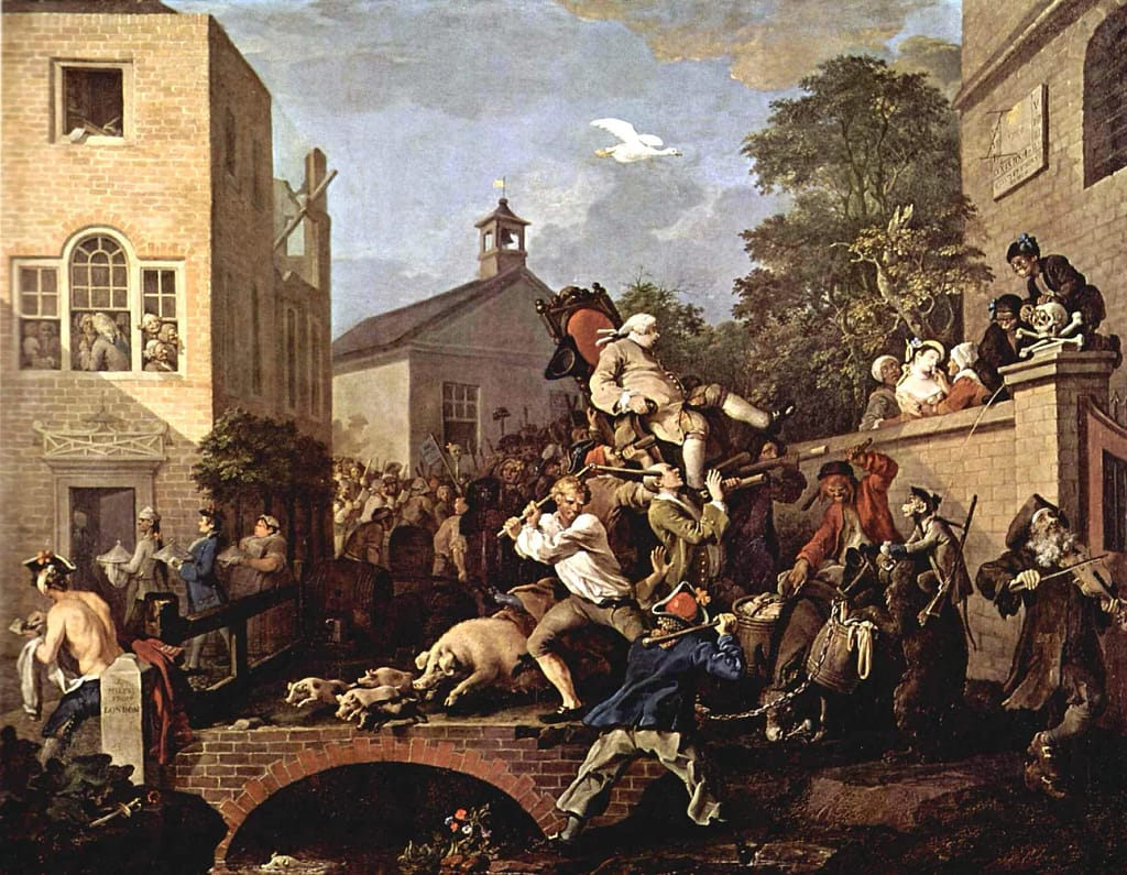 Painting showing a crowd on the streets, with a man being carried above on a chair, and pigs running away. 