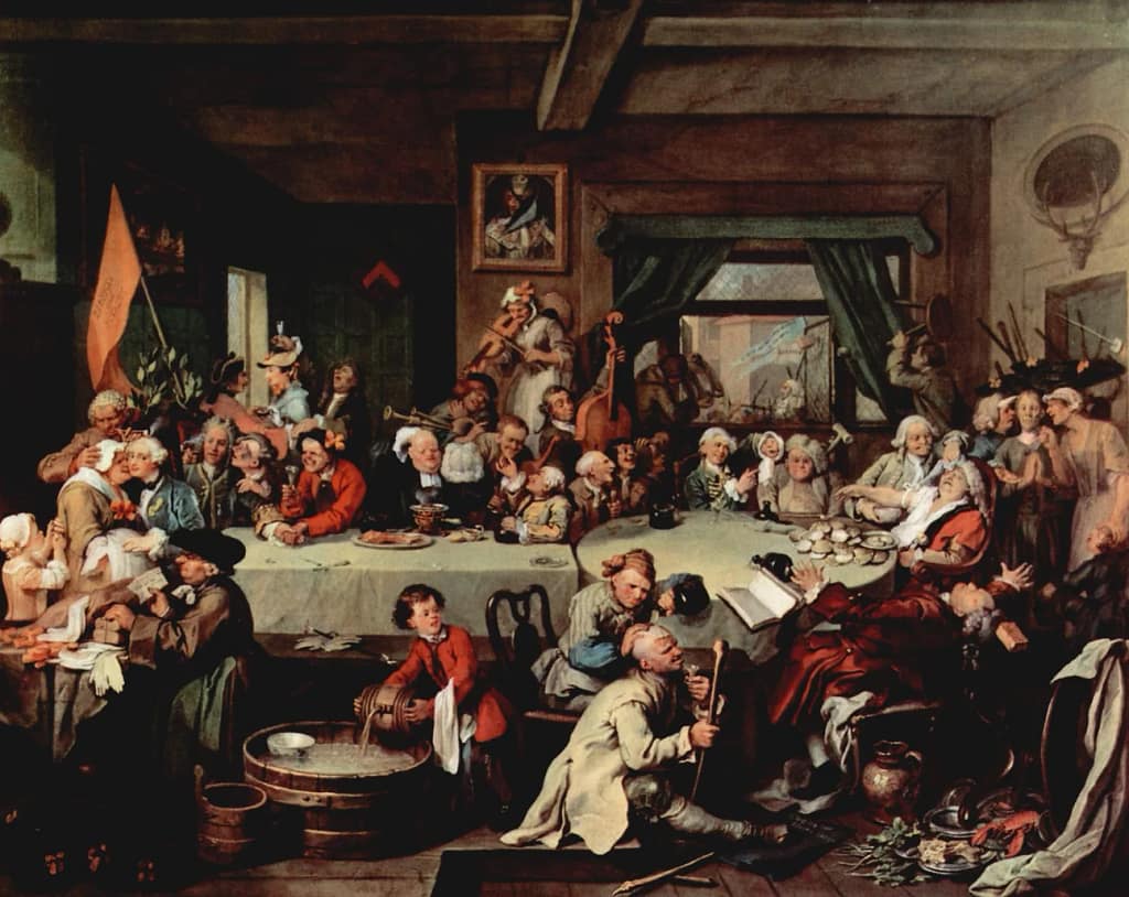 Painting of people attending a banquet with musicians playing. 