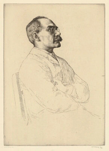 Sketch drawing of a seated man's profile, arms crossed.