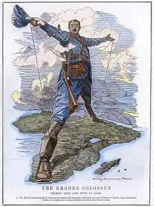 Caricature lithography showing a man with extended arms crossing the African continent.