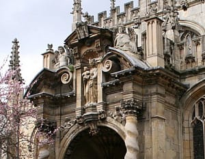 Portal of a church showing a scuplture of Mary and Jesus
