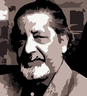 A stylized black and white picture of V.S. Naipaul's face