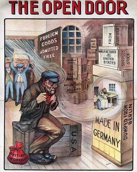 Political cartoon depicting a Britich Workman huddling from the cold wind of Free trade, while his wife cries at home.