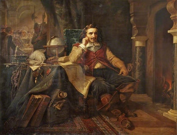 A painting of a man sat in a chair and holding his head in his hand