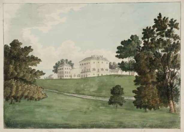Watercolour painting of a park with a mansion or castle in the background.