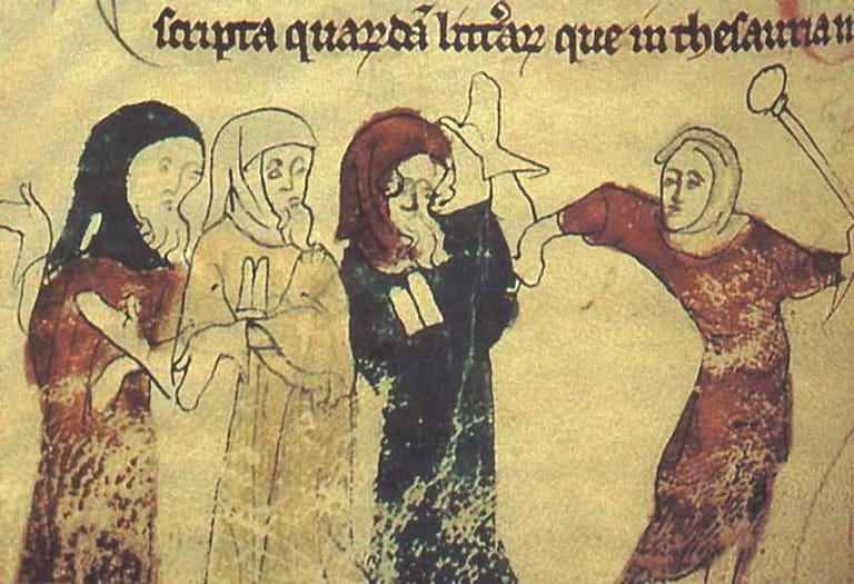 Detail from a Medieval manuscript showing a group of people being chased away by a person with a stick.