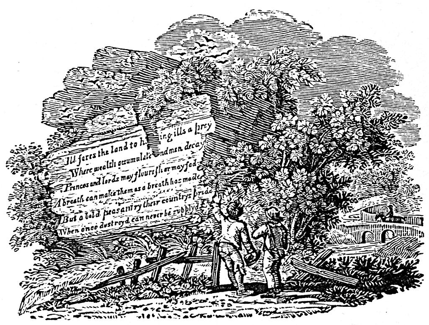 Engraving showing two children looking at some writing on a stone.