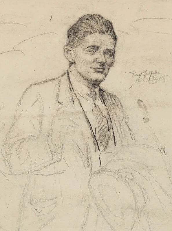 Sketch drawing of a man in suit holding a coat and hat
