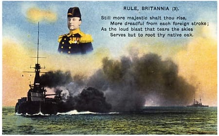 An old postcard with a steaming war ship, while a naval officer is shown with a verse from the song 'Rule Britannia.'