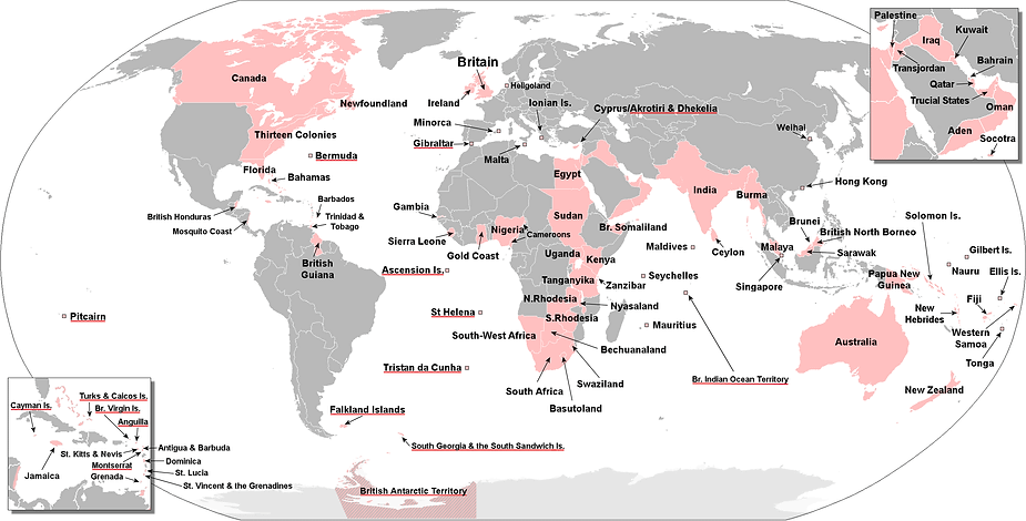 A picture of the world map with all former British territories highlighted in light red.