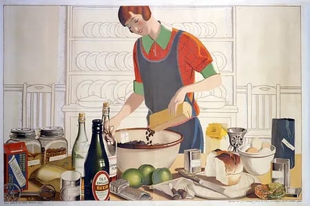 An 1930s illustration of a woman in a kitchen baking with ingredients sourced from around the British Empire
