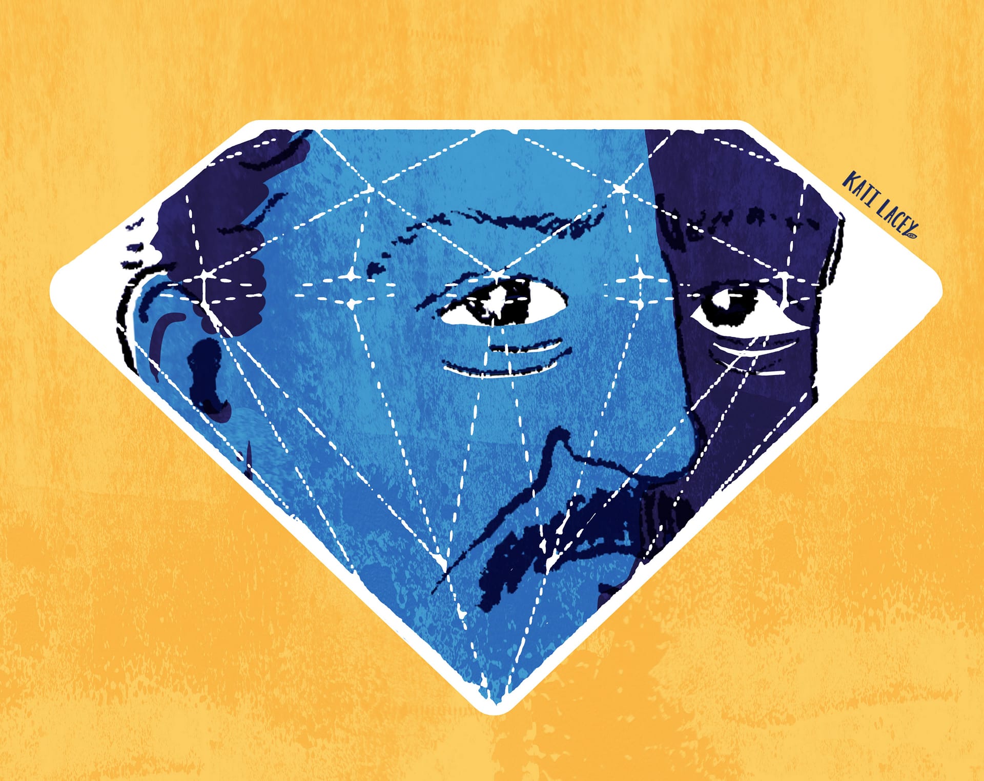 Drawing of a man's face encased in a diamond shape