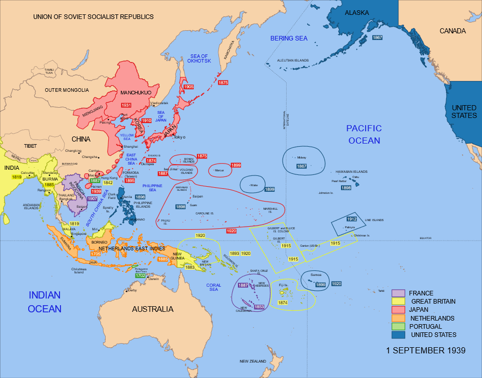 Map of the Pacific Ocean and East Asia with colour codes and lines circling different territories occupied by Euroepan and Asian colonial empires. 