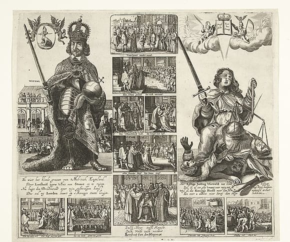 Engraving of a satirical pamphlet showing monarchy and justice. 