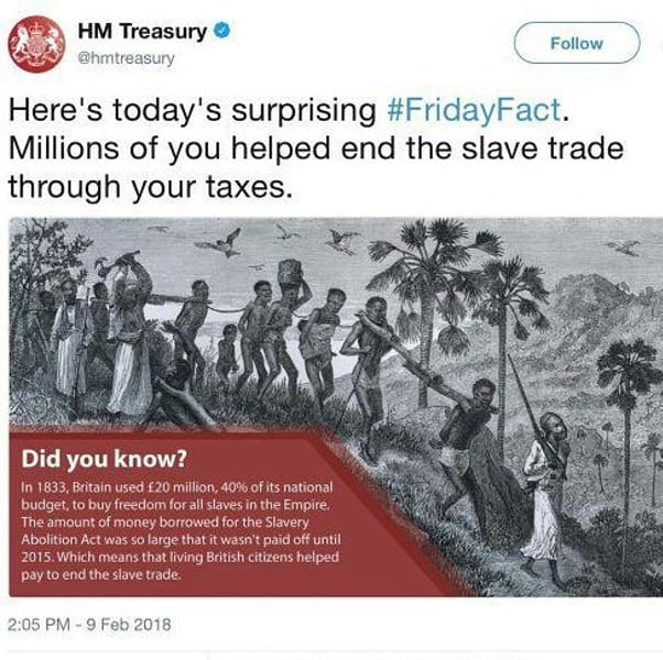Screenshot from UK Treasury's tweet about the end of the slave trade, showing black and white engraving and text