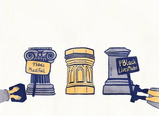 Drawing of three pedestals with fallen statues or idols