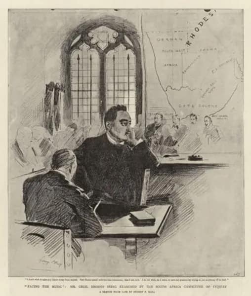 Illustration titled "Facing the Music", Mr Cecil Rhodes being examined by the South Africa Commitee of Inquiry. Illustration for The Graphic, 20 February 1897.