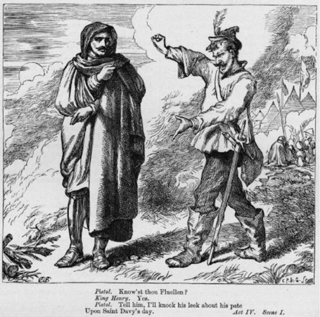 Engraving showing two men talking with hand gestures. 
