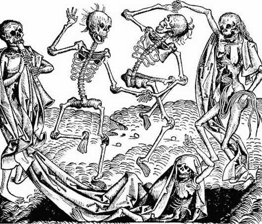 Engraving showing five skeletons dancing.