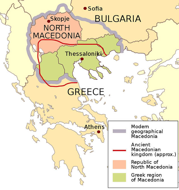Map of Greece and the Southern Balkans outlining modern and ancient territorial claims. 