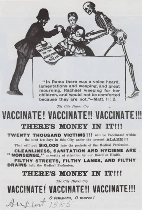 Advertisement poster showing a woman holding a toddler, surrounded by a skeleton and a police officer.