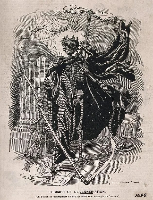 Engraving showing a skeleton in robes and crown wielding a scythe.