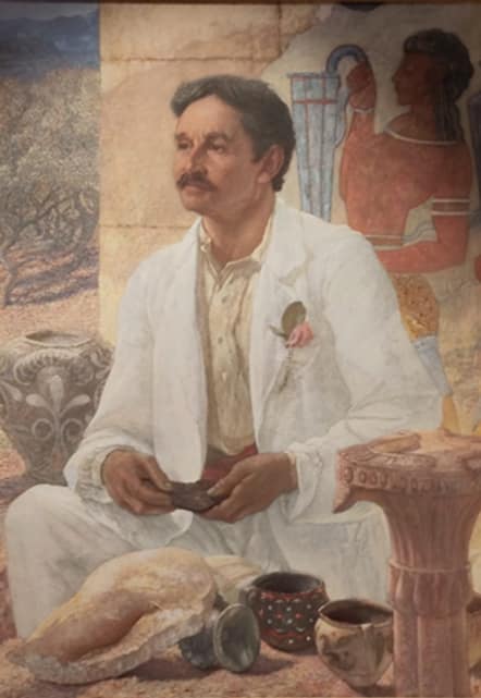 Painting of a man sat in front of pottery and ancient mediterranean art. 