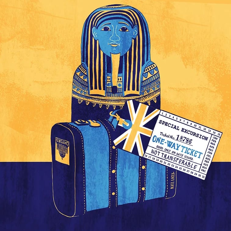 Drawing of an egyptian sarcophagus with a suitcase next to it and a return ticket.
