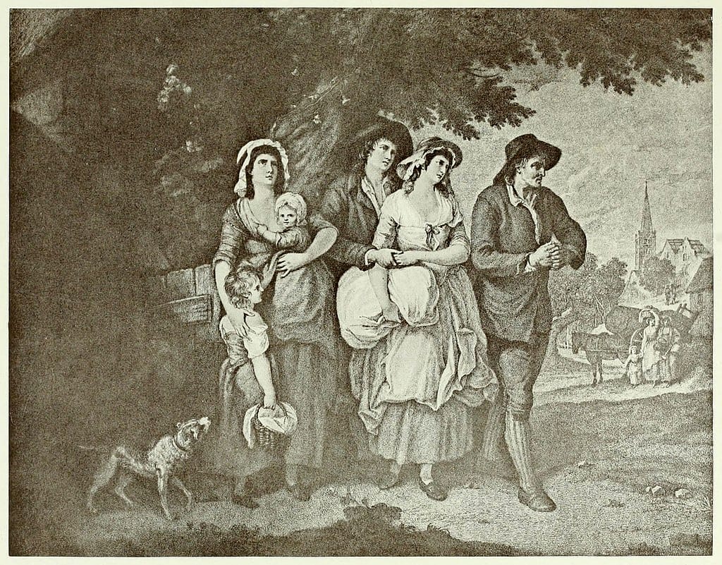 Old style engraving of a group of people looking in the distance with sad faces 