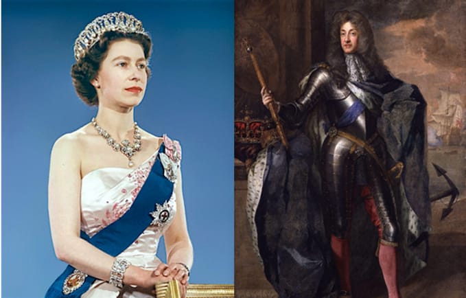 Photomontage showing a photo portrait of a queen with a crown on the left side, and on the right side the painting of a 18th century monarch.
