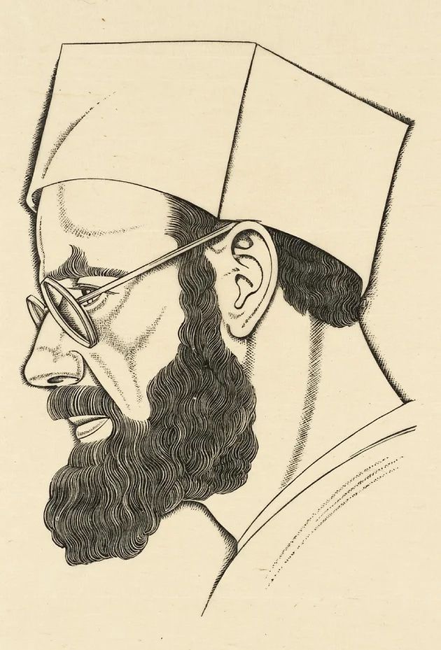 Drawing profil portrait of a bearded man wearing glasses and a hat.