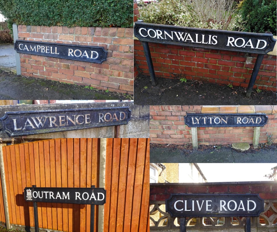 Photomontage showing six different street signs.