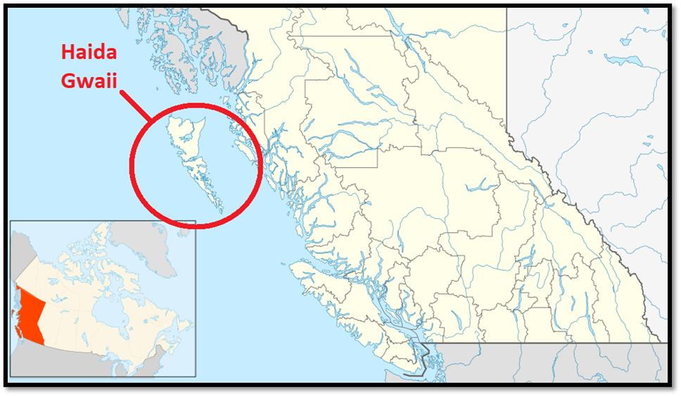 Map of the western coast of Canada showing islands, with one circled in red. 