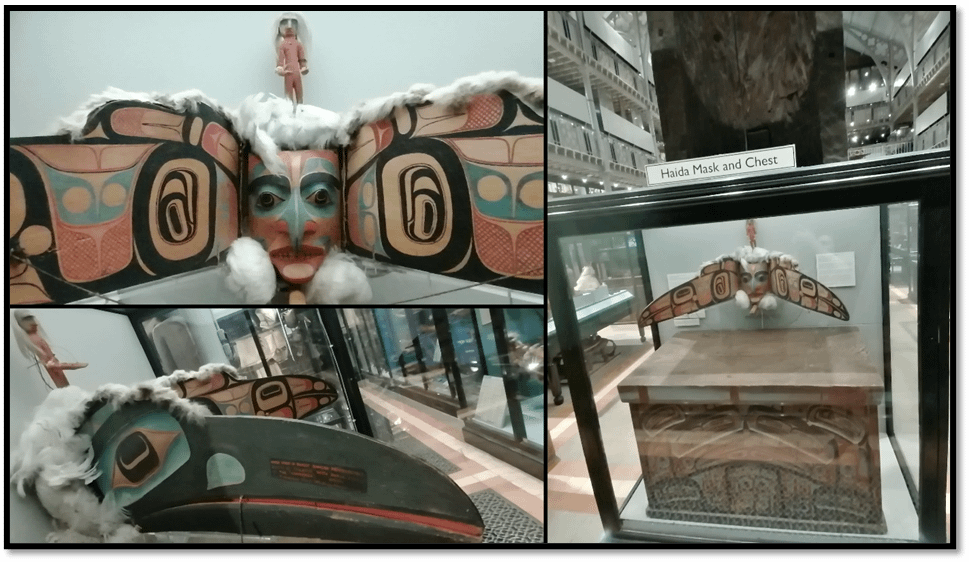 Colourful wooden carved chest and mask, the latter showing a combination of human and animal form.