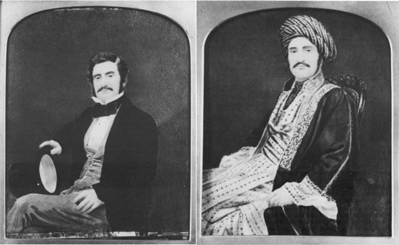 Side-by-side black and white pictures of the same man in black tie costume (left) and wearing Ottoman or middle-eastern syle dress (left)