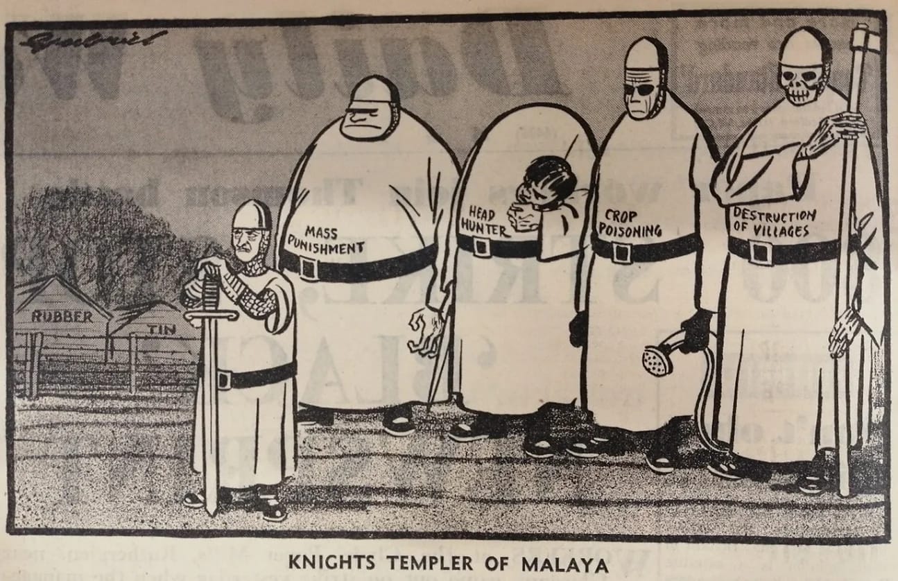 Caricature drawing showing men dressed as templar knights hwith different symbols of death, including a scythe, a skull, and a beheaded head.