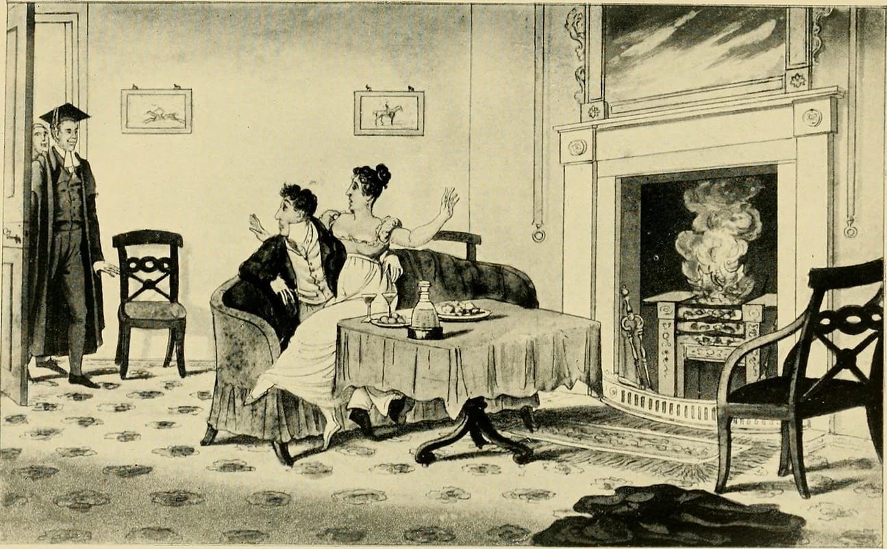 Cartoon drawing showing a man in academic robe entering a salon in which a couple is sitting together.