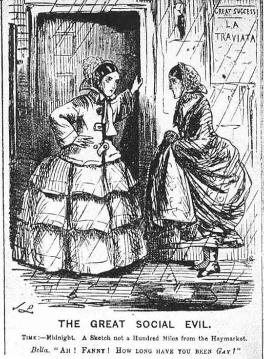 Lithograph drawing of two women in nineteenth century dresses talking on the street by a doorframe. 