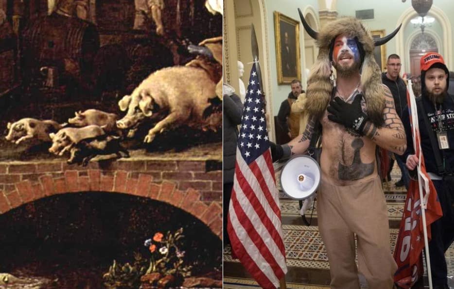 Photo montage showing on the left side a painting detail with pigs jumping off a bridge and on the right a topless man wearing a furred headdress with horns and holding a US flag.