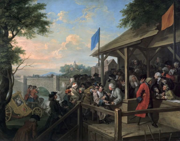 Painting showing a crows of people on a woodden terrace with a man at the centre taking notes, with a bridge in the background. 