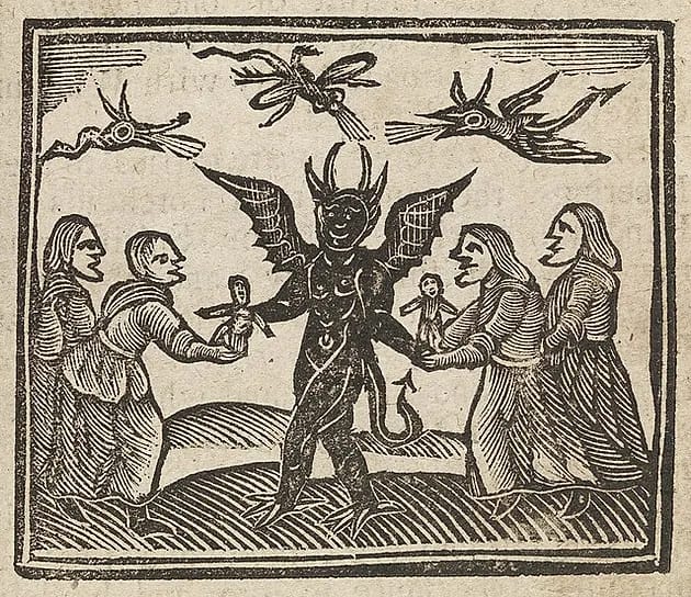 Engaving showing the Devil giving puppets to humans surrounding them.