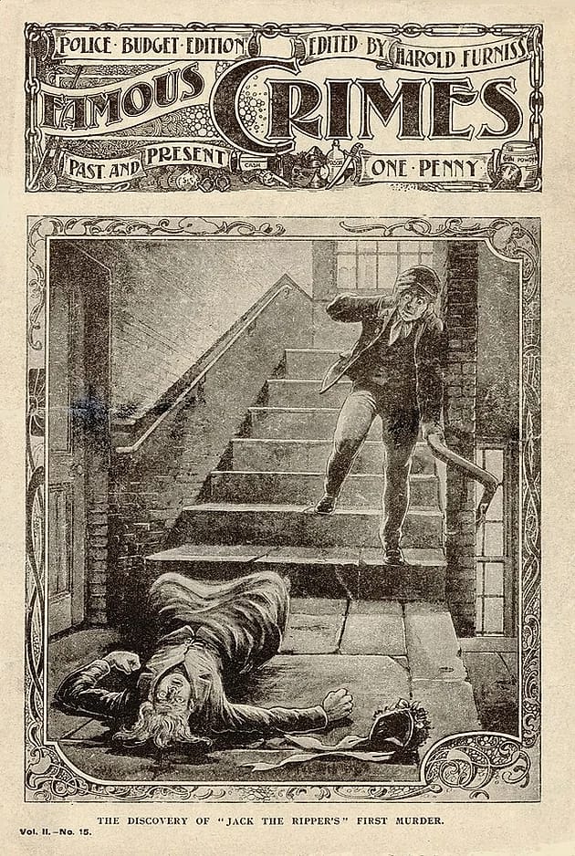 Illustrated cover page of an old newspaper showing a woman lying at the bottom of stairs and a young person looking at her in shock. 